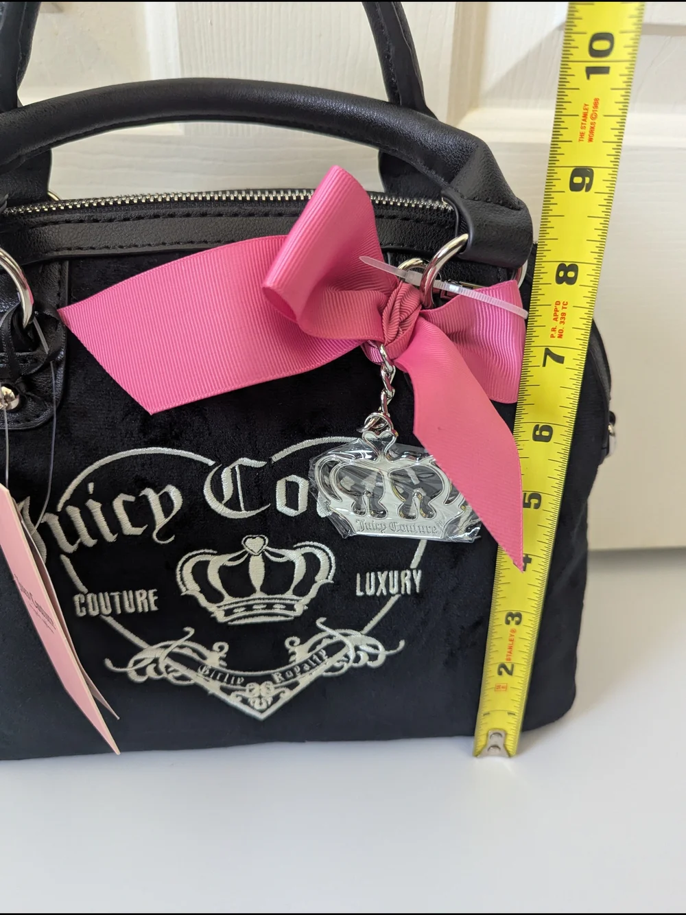 Juicy Couture Black Velvet Dome Satchel with Pink Bow Crown Charm Girlie Royalty